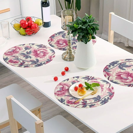 

Round Grid Placemat One Sizex4 Round Placemat PVC Plate Mat，15.4 Inch Non-Slip and Heat Resistant Table Placemat Dining Room Placemat Deep Pink Flowers