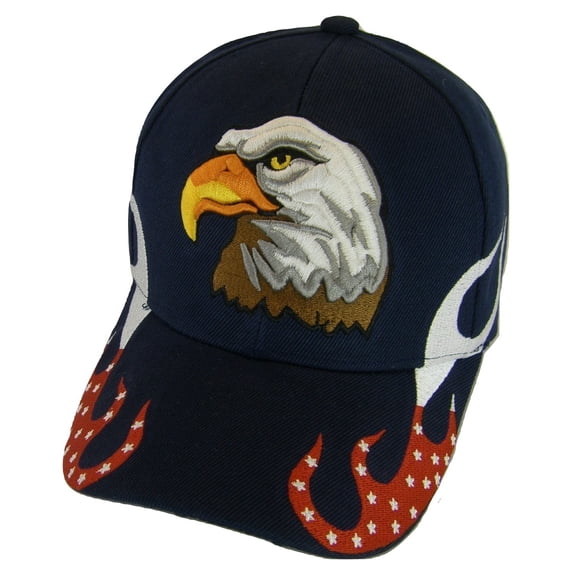 Men's Patriotic Flames Large Eagle USA Adjustable Baseball Cap (Navy)