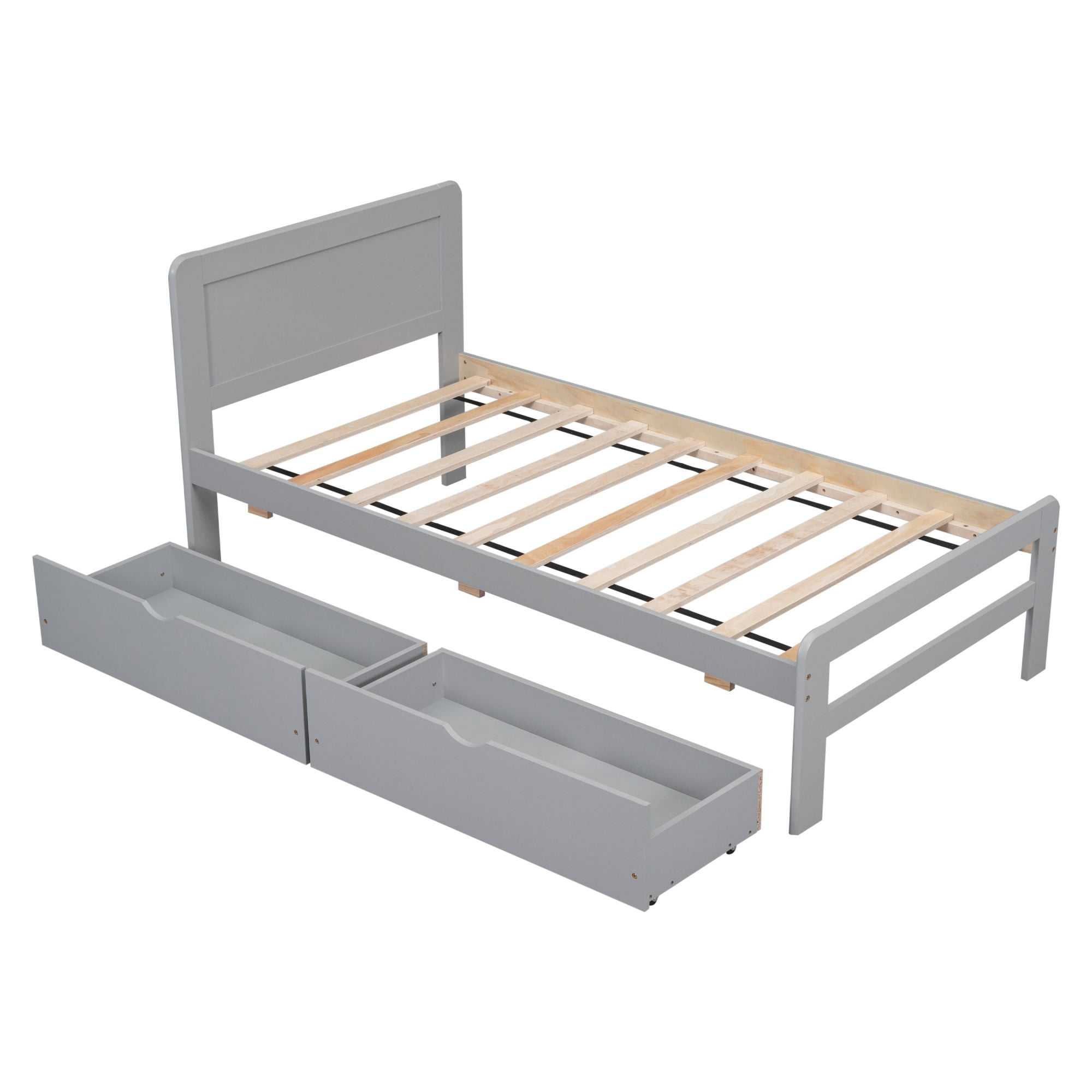 Aukfa Platform Bed with 2 Storage Drawers, Twin Bed Frame with Headboard for Kids, Wood - Gray