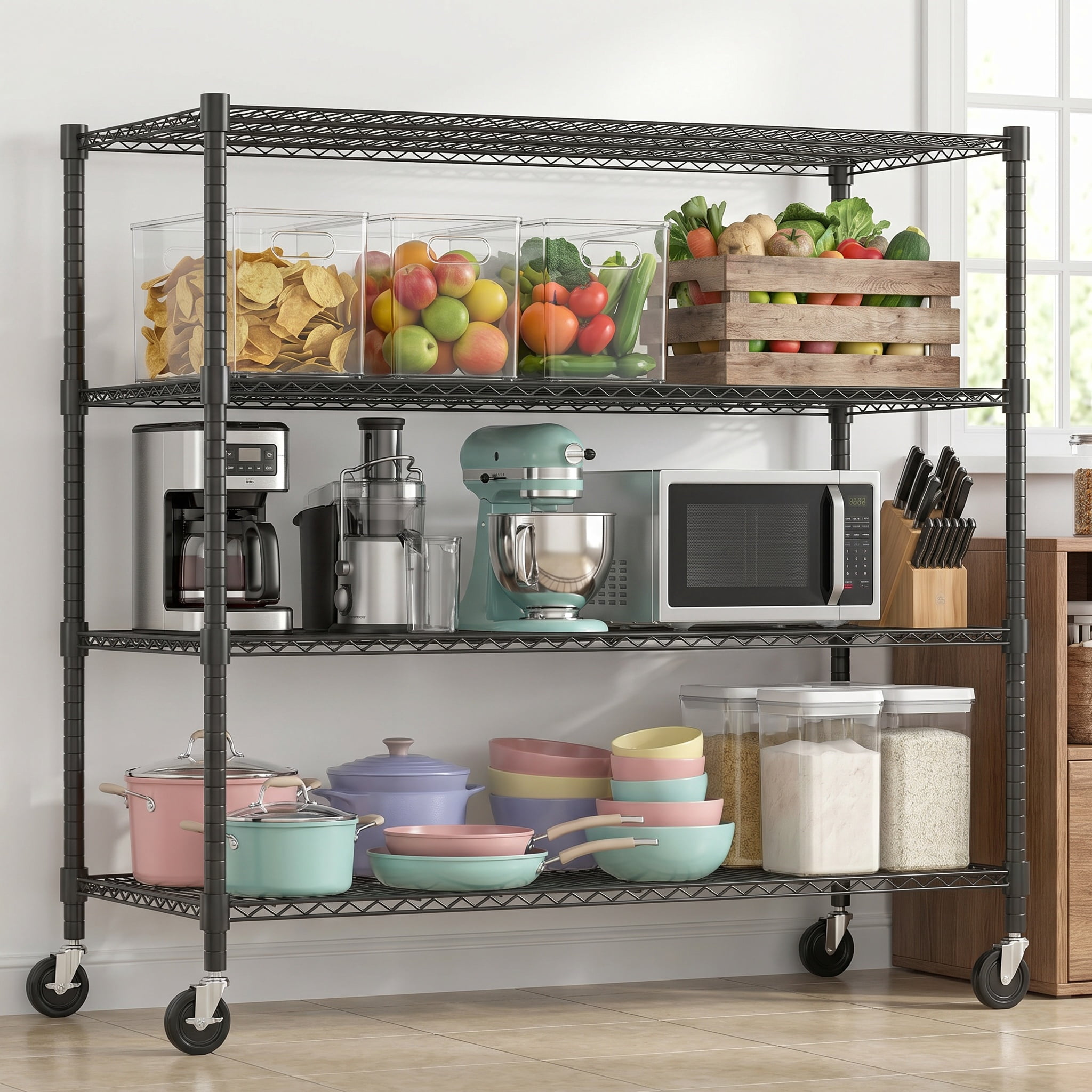 Legooin 60" x 24" x 72" Heavy Duty Garage Storage Shelf Rolling Wire Rack Height Adjustable Steel Shelves for Industrial Residential Use, Black