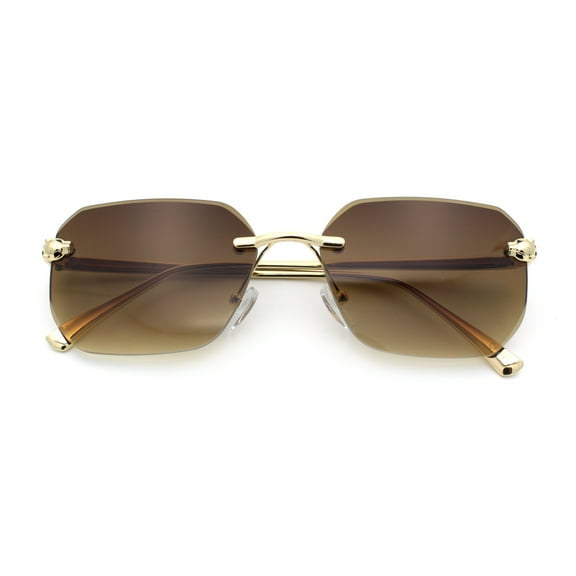 Luxury Gangster Bevel Rectangle Rimless Jaguar Hinge Showy Sunglasses Gold - Brown