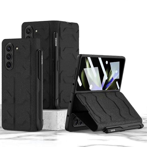 Leather Case for Z Fold 5 Case with S Pen Holder + Screen Protector, Hinge Protection Cover Case Fold 5 5G Case Stand