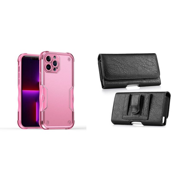 Case with Belt Holster Bundle for iPhone 14 Plus: Slim EX Hybrid Series Shockproof Case (Pink) and Coin Card Wallet Phone Pouch