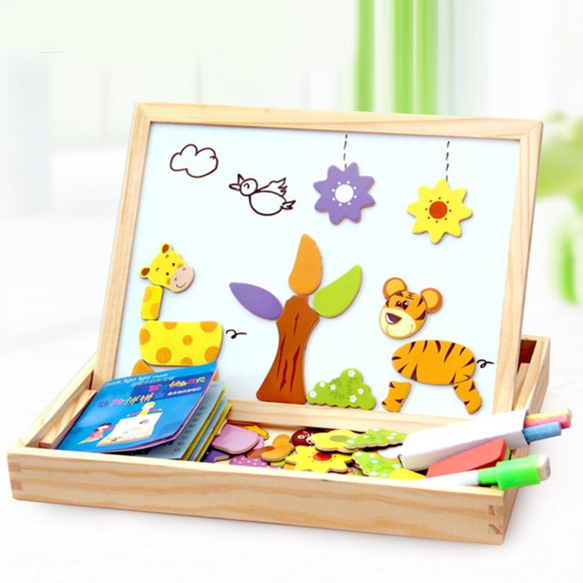 Wooden Magnetic Puzzle Toys Children 3D Puzzle Figure/Animals/ Vehicle /Circus Drawing Board Educational Toys For Kids heqiyong LED