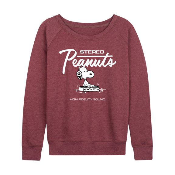 Peanuts - Stereo Snoopy Dj Women's Lightweight French Terry Wide Neck Long Sleeve Graphic Shirt
