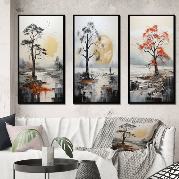 Designart "Grey Yellow Minimalism Tree silence III" Minimalism Framed Wall Art Set Of 3 - Grey Minimalism Frame Gallery Set For Office Decor