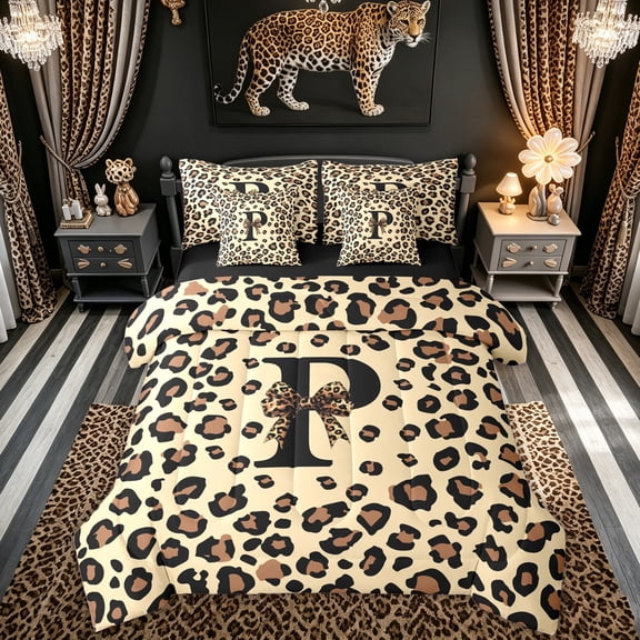 Feelyou Leopard Print Letter P Twin Bedding for Girls, Brown Polkadot Bow Bedding Comforter Set, Black Reversible, 7pcs