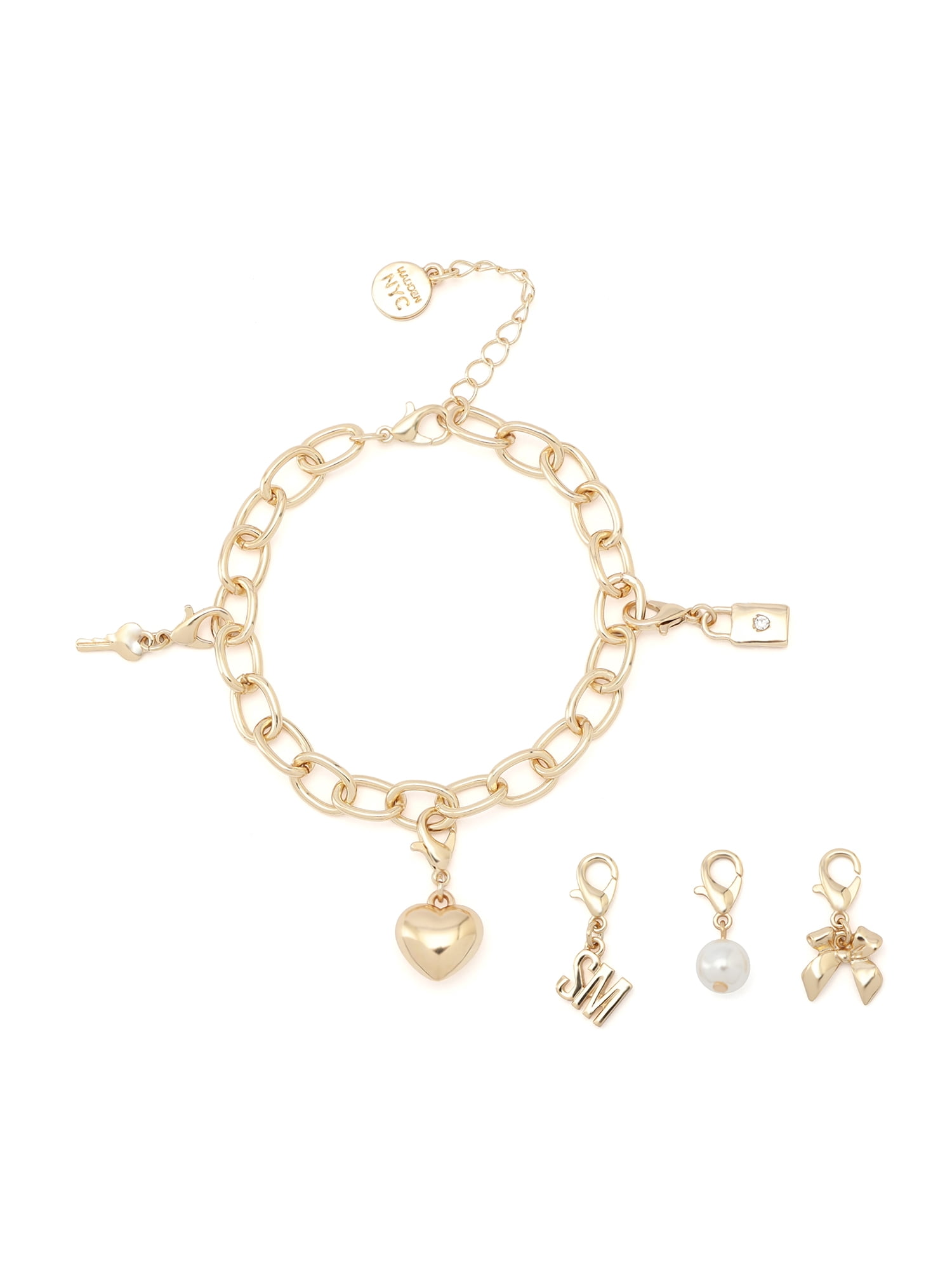Madden NYC Women's Fashion Gold-Tone Lock Key Bracelet & 3-Piece Charm Giftable Boxed Jewelry Set