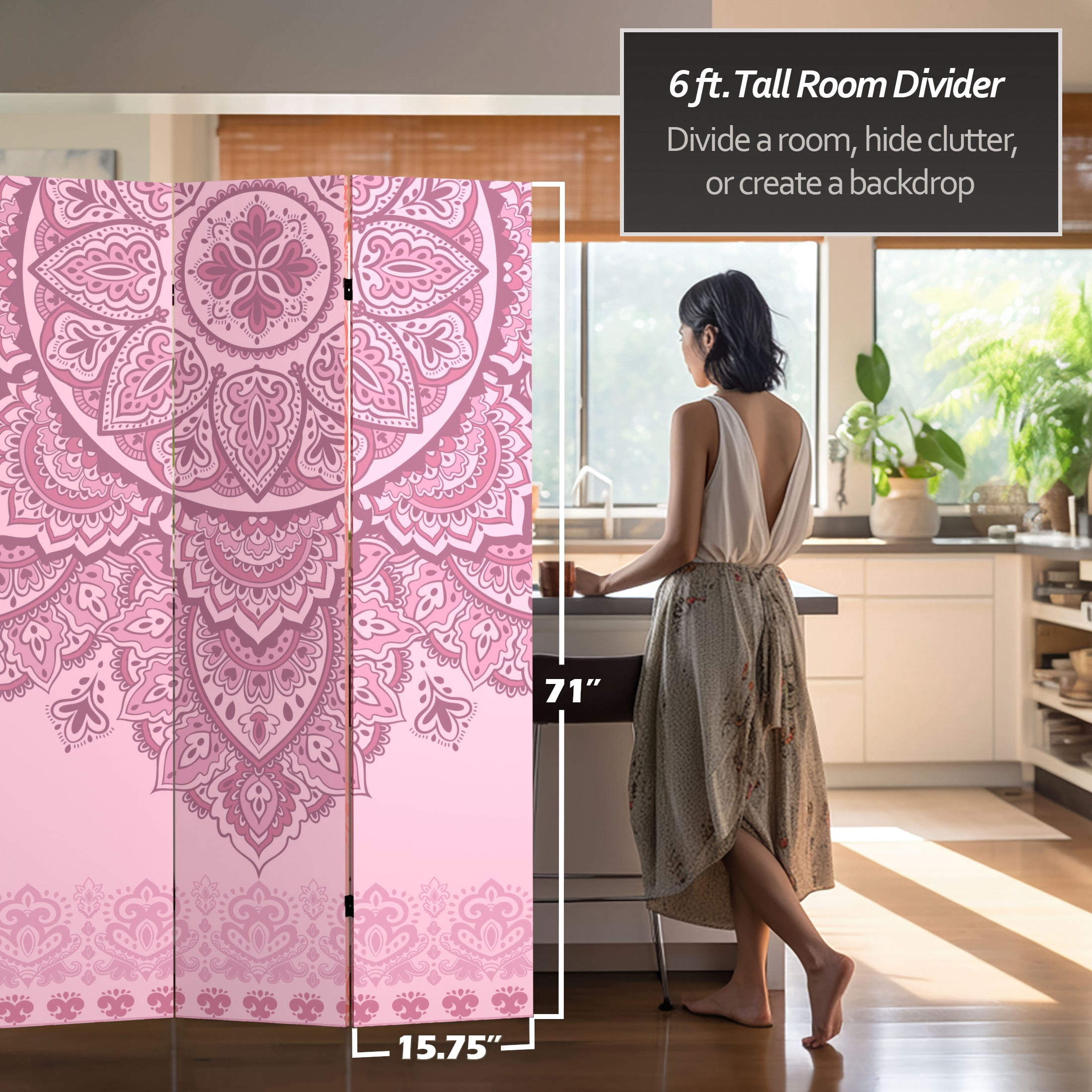 Red Lantern 6 ft. Tall Double Sided Pink Mandalas Freestanding Canvas Room Divider