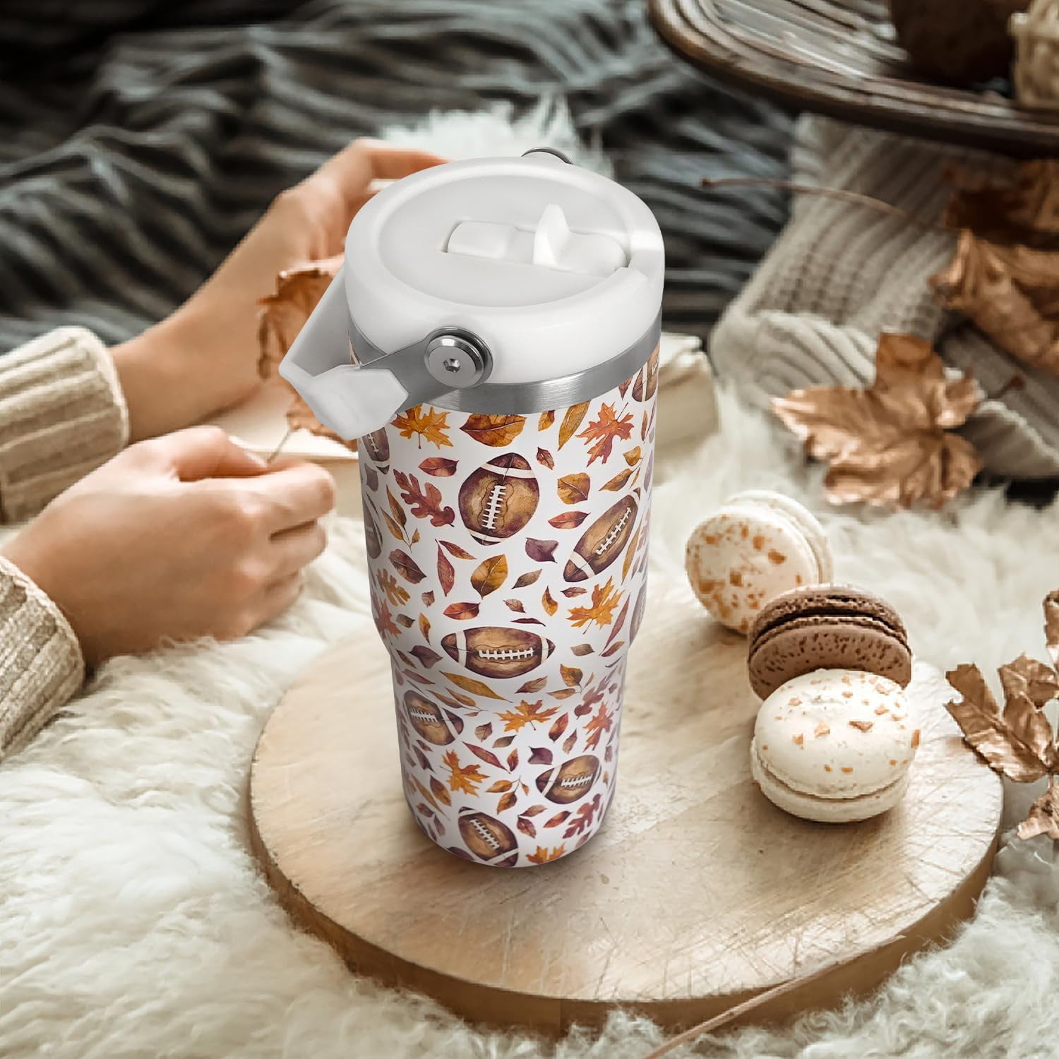 Fall Tumbler with Lid and Straw 30oz,Football Maple Leaves Vacuum Autumn Insulated Leak Proof Tumbler,Farmhouse Gift Cute Women Kids Teen Girls,Fall Accessories Stainless Steel Coffee Cup