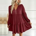 thumbnail image 2 of Besolor Casual Dresses for Women V Neck Button Long Sleeve Fall Spring Dresses Ruffle A Line Flowy Vacation Mini Dress, 2 of 7
