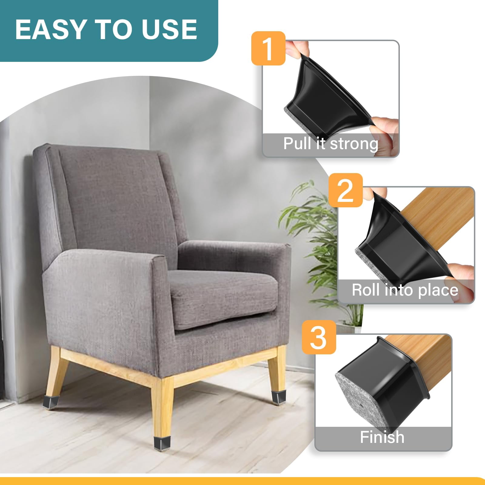 24 Chair Leg Floor Protectors Square Black Silicone Felt Furniture Pads Caps Covers For Hardwood Floors(fit:1-1/16" To 1-5/8")