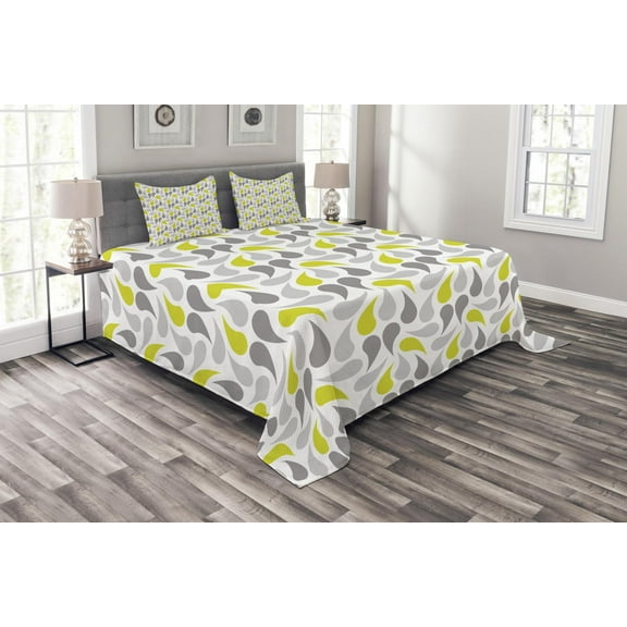 Ambesonne Geometric Quilted Bedspread Set 3 Pcs, Abstract Paisley, King Size, Yellow Green Grey White