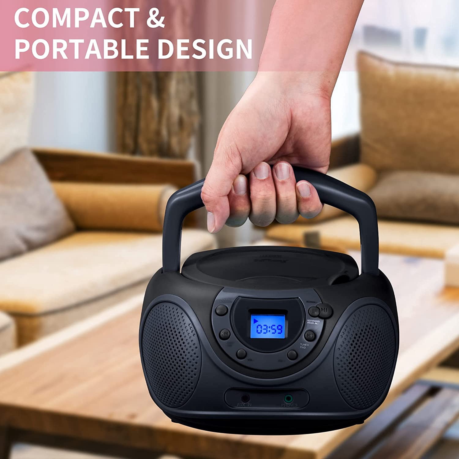 hPlay P16 Portable CD Player Boombox AM FM Digital Tuning Radio, Aux Line-in, Headphone Jack (Space Grey)