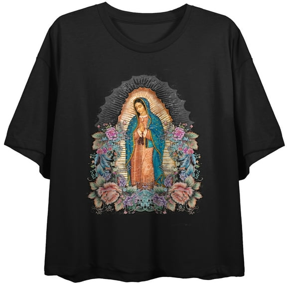 Our Lady Of Guadalupe Crew Neck Short Sleeve Women's Black Crop Top-Medium