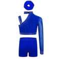 thumbnail image 2 of inlzdz Girls Ballet Jazz Hip Hop Modern Dance Outfits One Shoulder Crop Tops with Shorts Hairband Set Blue 12, 2 of 4