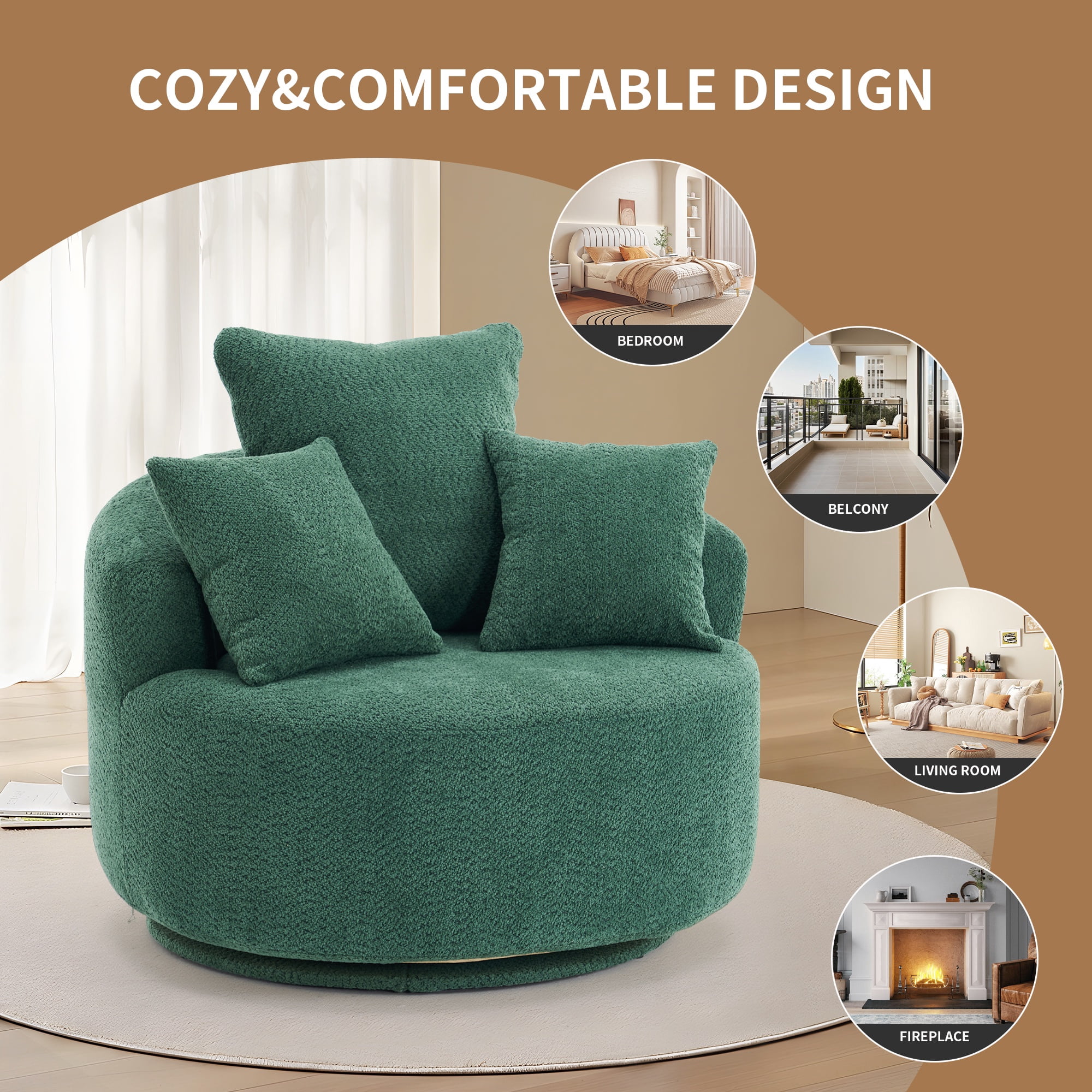 PORKISS Oversized Swivel Accent Chair Barrel Chair, Crochet Yarn Upholstered Armchair with 3 Pillows, Round Armchair Leisure Sofa Chair for Living Room Office Lounge Hotel, Green