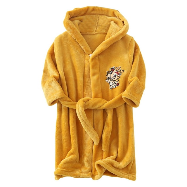 PMVFHDE Pyjamas Mignons pour Enfants, Débarbouillette à Manches Longues avec Capuche et Poches, Robe Chaude, Peignoir Jaune, 4-5 Ans