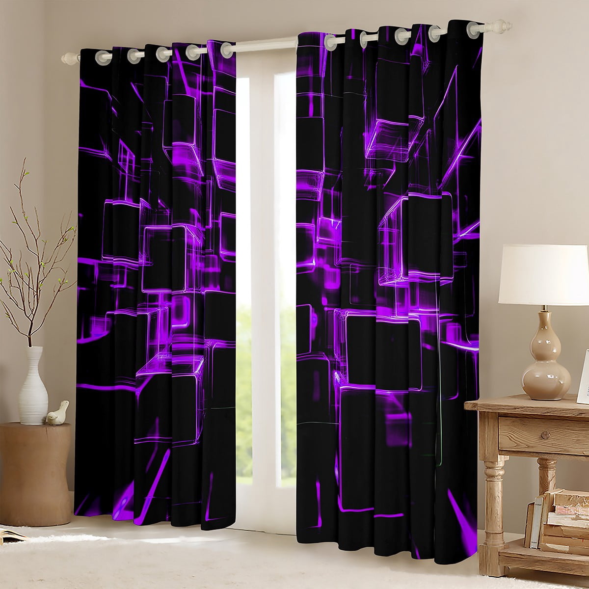 Erosebridal Purple Plaid Curtains and Drapes (38Wx54L),Futuristic Cubes 30%-50% Blackout Curtains for Bedroom,Curtains for Living Room,Buffalo Decoration