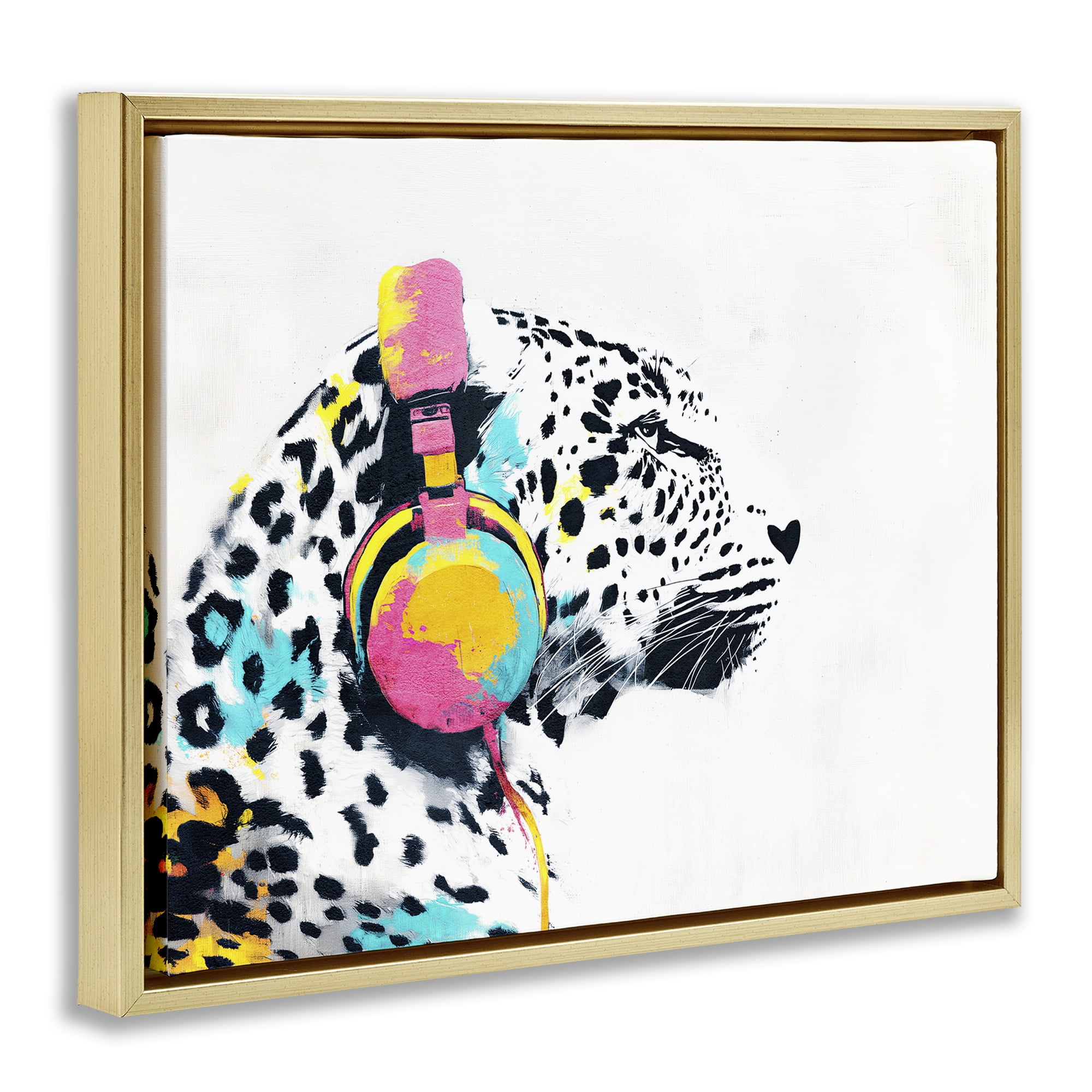 Stupell Industries Leopard On Air Headphones Gold Framed Floater Canvas Wall Art, design by Svetlana Aleynikova