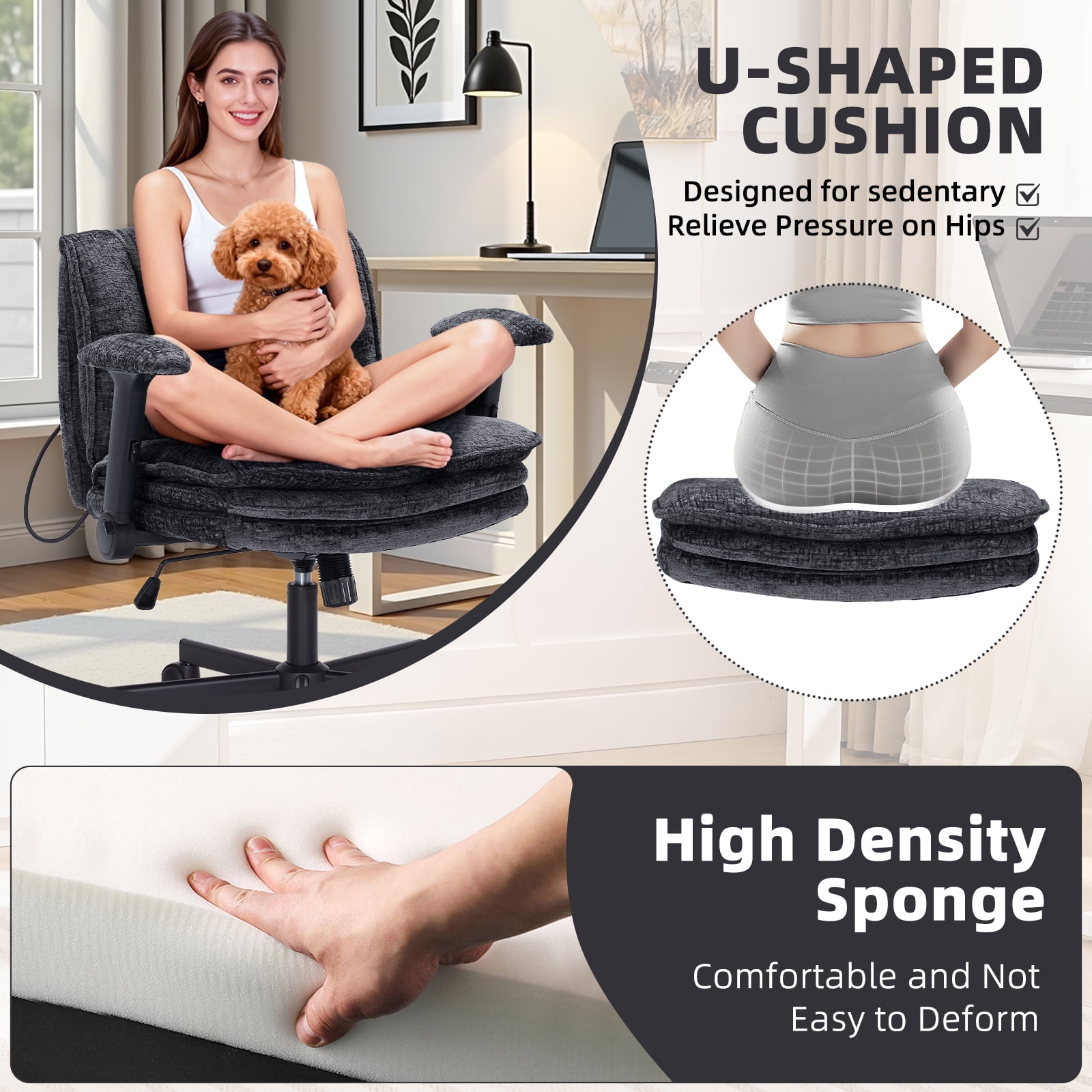 Criss Cross Legged Office Chair with Wide 3 Layer Cushions, Ergonomic Criss Cross Desk Chair with Dynamic Lumbar Support and Flip-up Arms, Mid Back Fabric Swivel Vanity Chair for Work, Study, Leisure