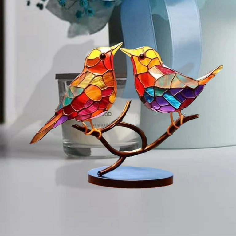 Stained Glass Birds On Branch Desktop Ornaments,Metal Flat Vivid Birds  Decorations On Branch,Double Sided Hummingbird Craft Statue Table Gift for  Bird Lovers 