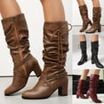 thumbnail image 2 of Slouchy Boots for Women Western Retro Drawstring Soft Leather Pointed Toe Chunky Heel Zipper Mid Calf Booties Winter Knee High Riding Boots Red Size 8, 2 of 7