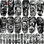 JEEFONNA 42 Sheets Temporary Tattoo for Men Women Adults, Include 12 Sheets Large Black 3D Realistic Tattoos Half Sleeve Temporary Tattoos, Halloween Tattoos Include Black Scary Lion Wolf Tiger Skull