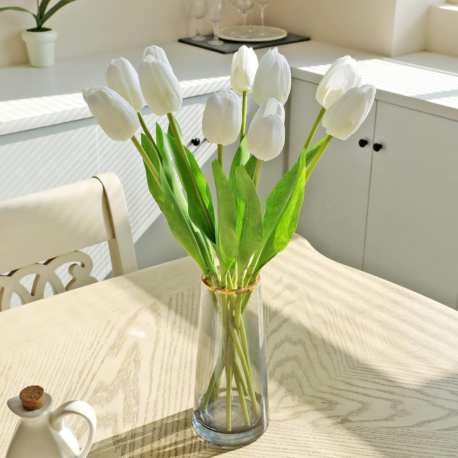 10Pcs Yellow Artificial Tulips Silk Flowers, Long Stem and Green Leaves, Fake Flowers Decoration for Vase, Wedding, Party, Kitchen, Office, Home, Bedroom, Table Centerpiece Decor