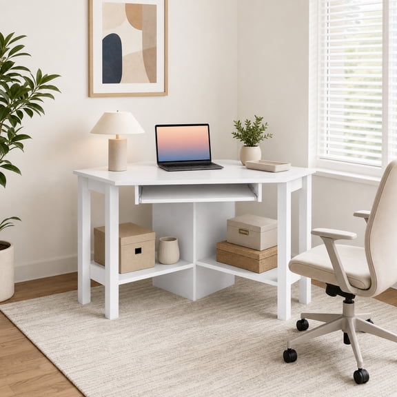 Corner Computer Desk with Keyboard Tray & Open Shelves , Triangle Writing Table Workstation for Home Office,White
