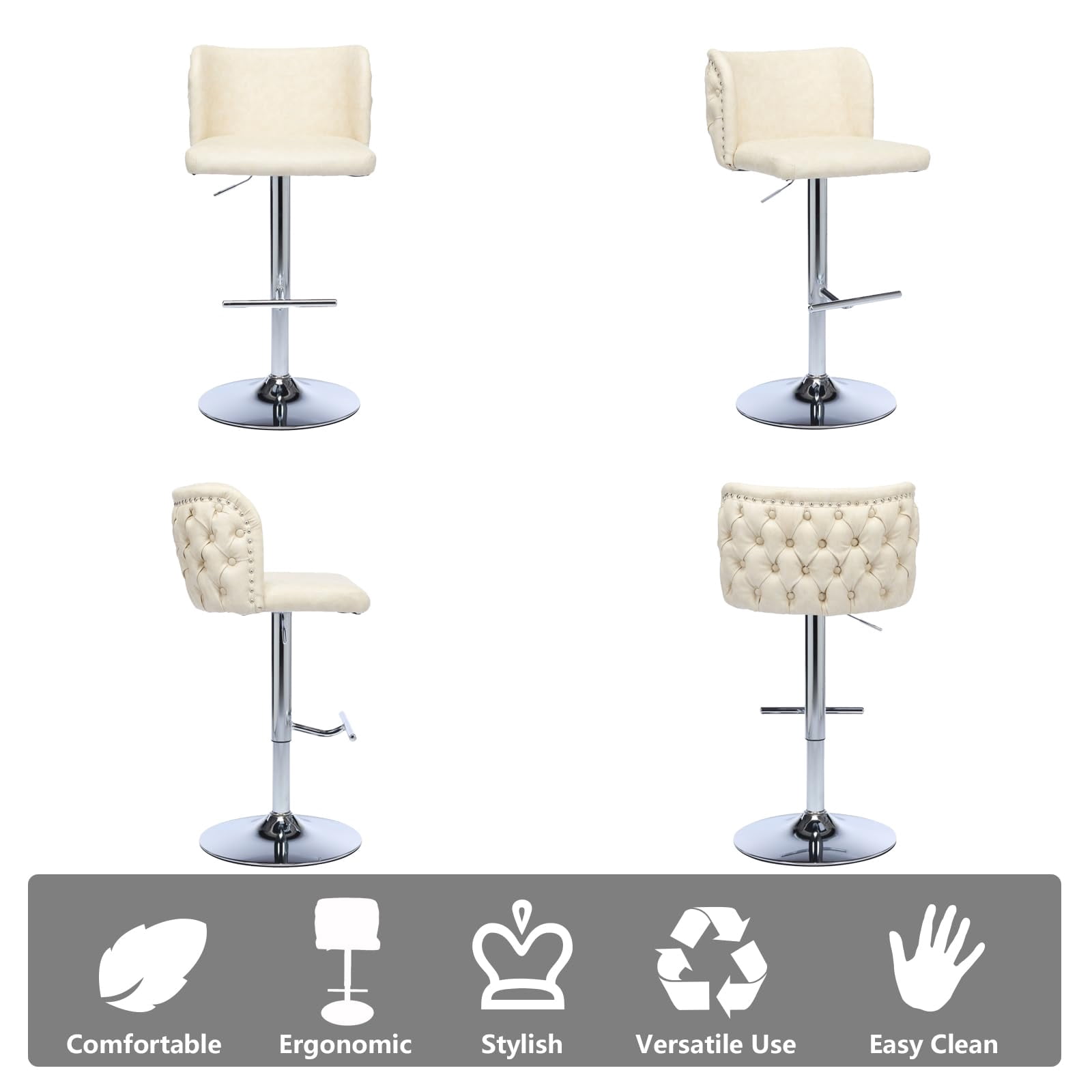 DONICK Swivel Counter Height Barstools,Upholstered Bar Stools Adjustable Height Nailhead Button Tufted Kitchen Island (PU,Cream,Set of 6)