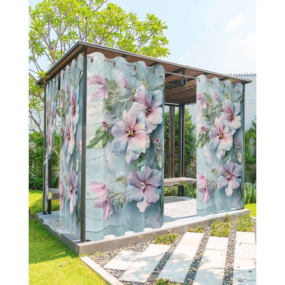 nqOlkjepod Outdoor Curtains for Patio Waterproof, Spring Pink Flower Outdoor Privacy Panels Grommet, Branch Blue Vintage Mottled Wall Blackout Outside Curtains for Porch/Cabana 54"x84", 1 Panel