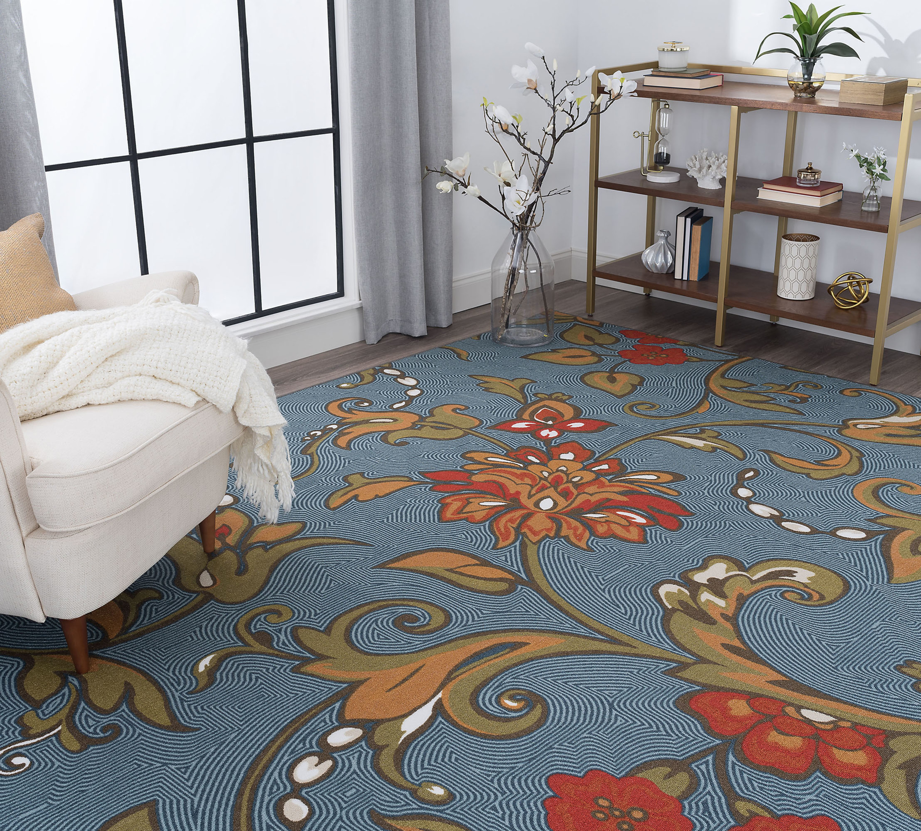Transitional Area Rug (3-Piece Rug Set: (5' x 7', 20'' x 60'', 20'' x 32'')) Floral Navy, Gold Indoor Set Easy to Clean