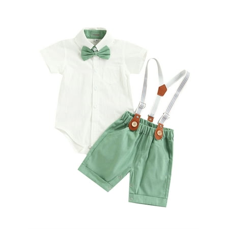

Woshilaocai Infant Toddler Baby Boys Gentleman Outfit Short Sleeve Bow Tie Romper T-Shirt Bib Shorts Overalls Clothes Set