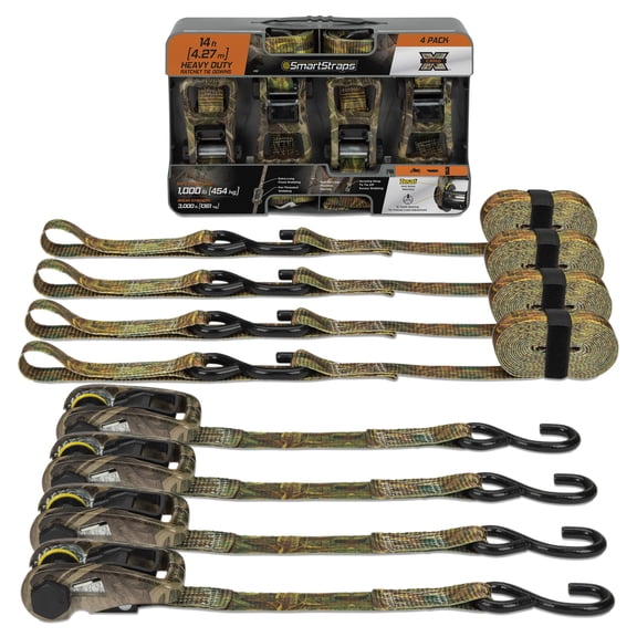 SmartStraps RatchetX 1.25" x 14ft Commercial Tie Down Strap, Camo, 4 Pack - 1,000lb SWL