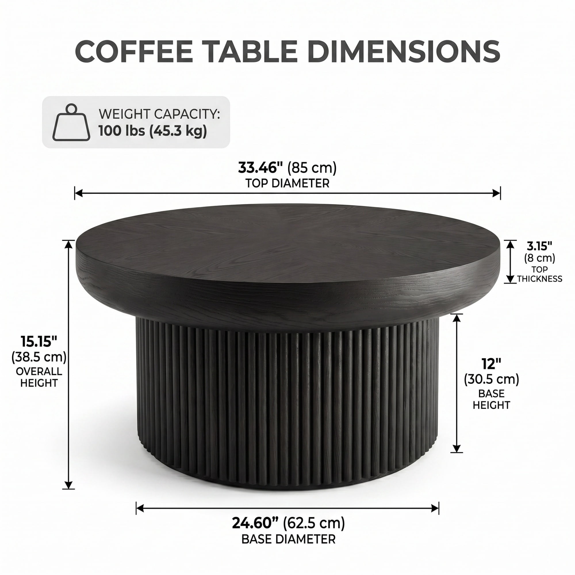 33.46'' Round Coffee Table with Fluted Cylindrical Base, Ash Wood End Table with Thickened Tabletop, Modern Cocktail Table