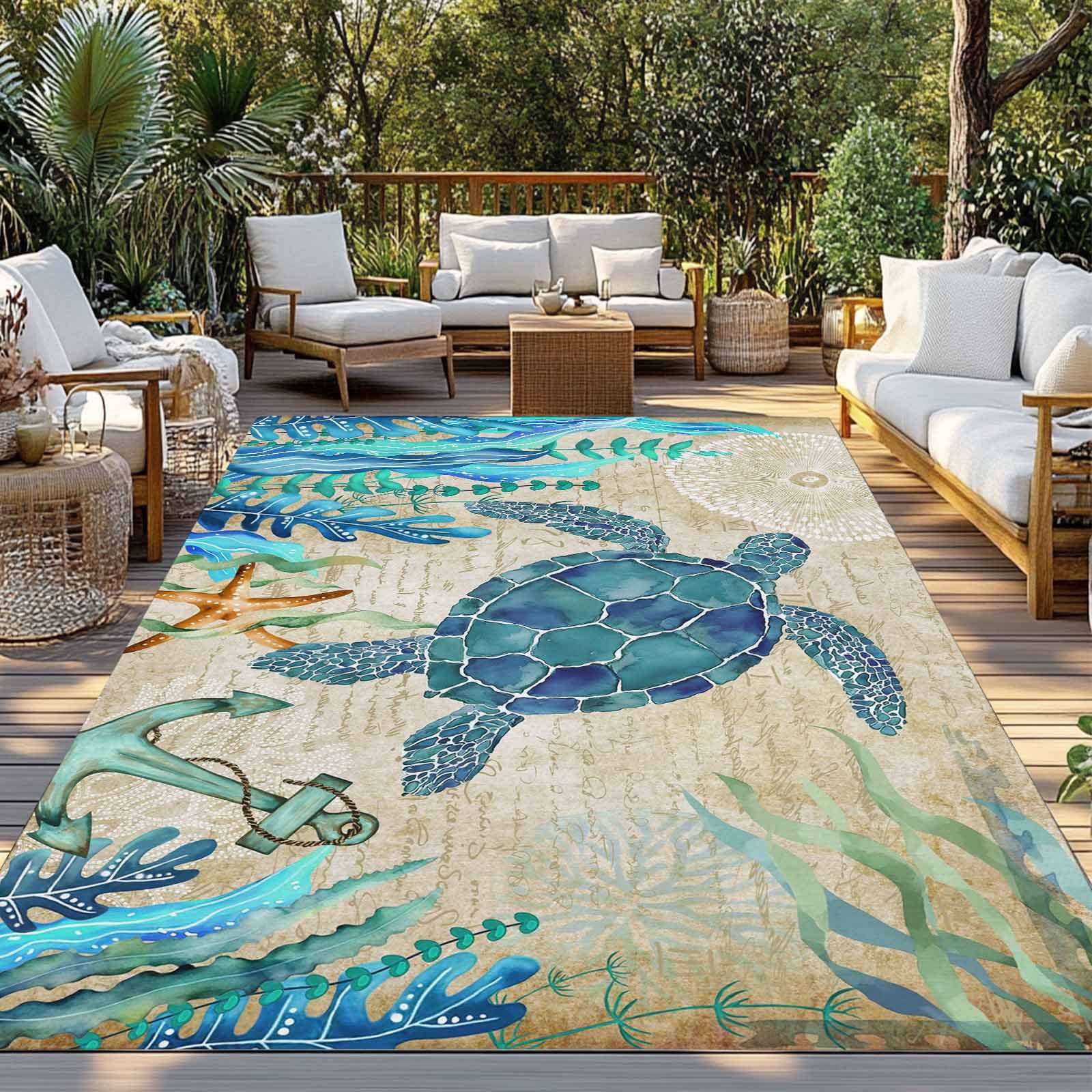4' x 6' Outdoor Rug, Teal Sea Turtle Coastal Outdoor Washable Rug Large Floor Carpet, Vintage Summer Beach Seaweed Non Shedding Area Rug for Outside Patio RV Porch Deck Balcony Camping Living Room