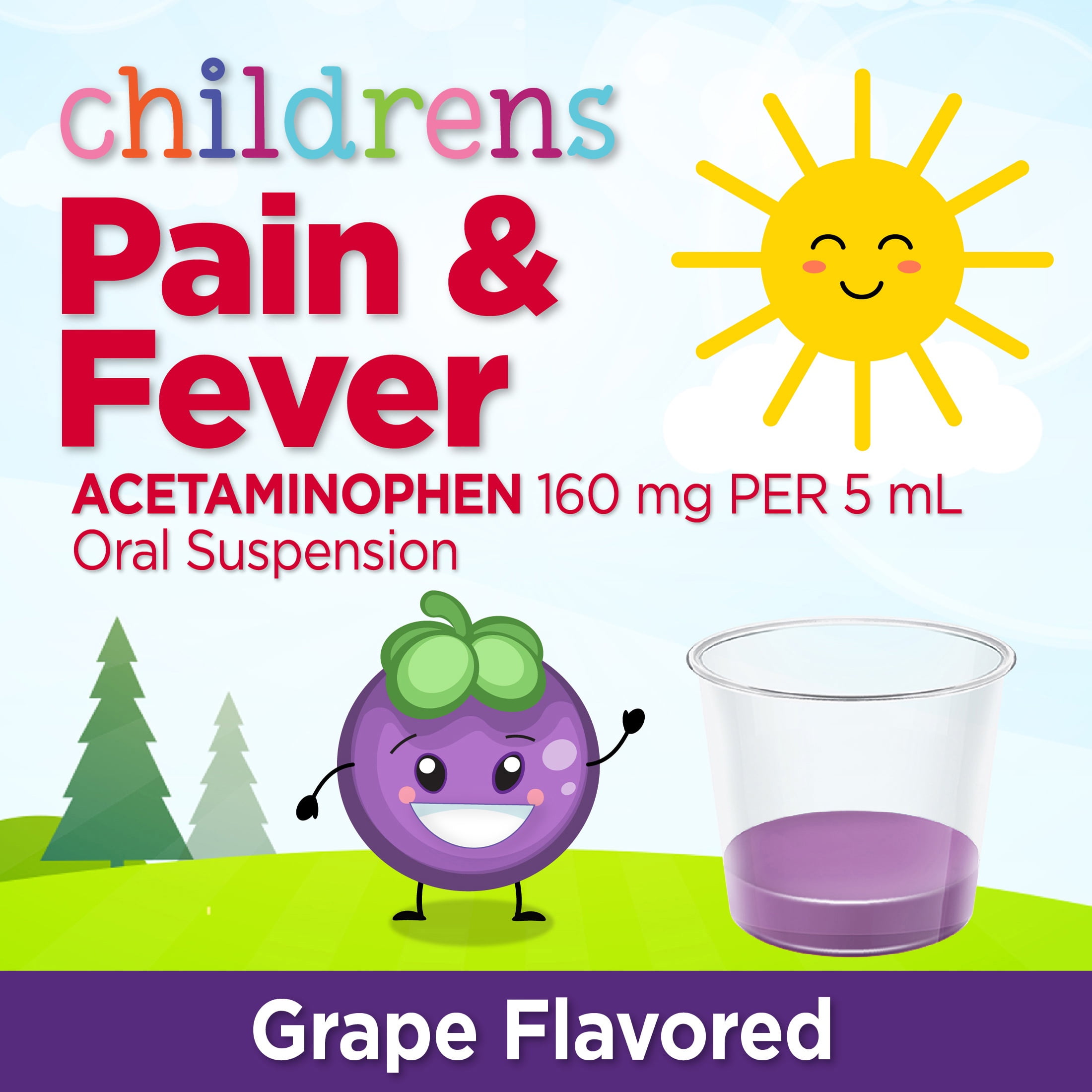 Equate Children's Pain Reliever/Fever Reducer Acetaminophen Oral Suspension, Grape Flavor, 160 mg, 4 fl oz