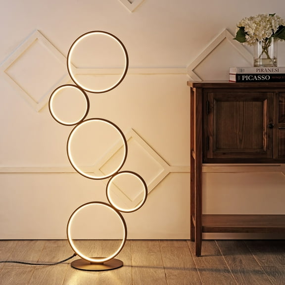 JONATHAN Y Pluto Stacked Circles 45" 5-Light Contemporary Modern Iron/Aluminum Integrated LED Floor Lamp, Black, JYL7103A