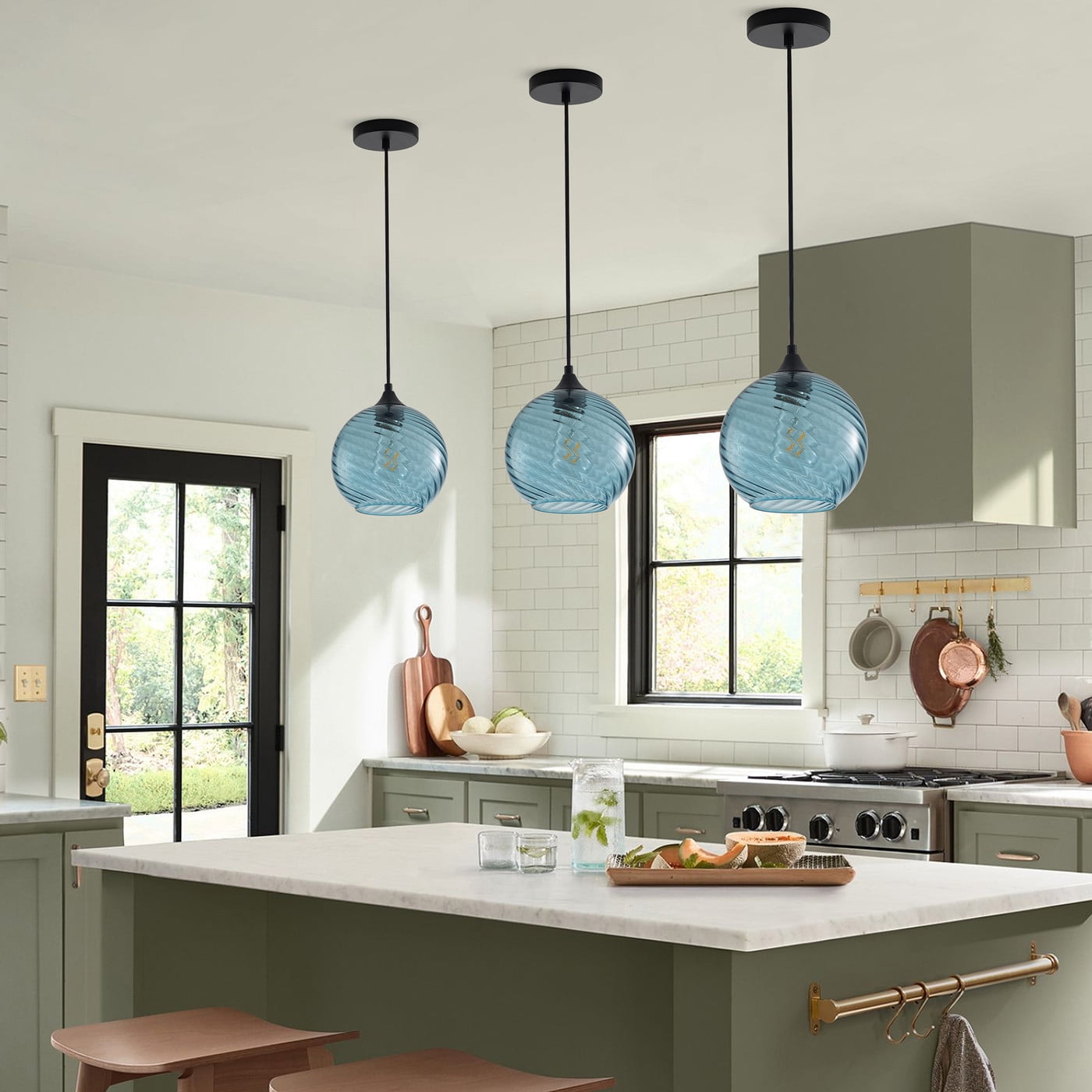 Modern Globe chandelier, Blue Industrial Light Fixture, Rustic Kitchen Island Pendant Lighting
