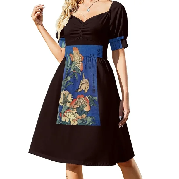 Vestido de manga corta "Flores" de Katsushika Hokusai (reproducción) Vestido de noche para mujer Vestidos de cóctel
