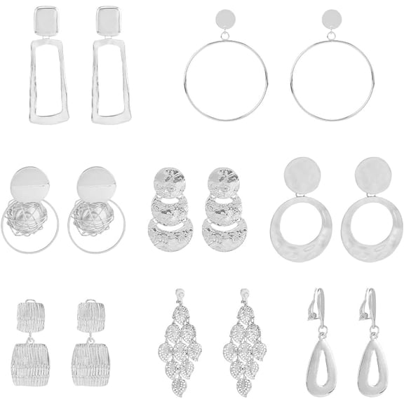 8 Styles Statement Clip-On Earrings 8 Pairs Lightweight Clip Earrings Geometric Dangle Earrings Platinum Non Pierced Drop Earrings Multilayer Earring Alloy Hollow Earring