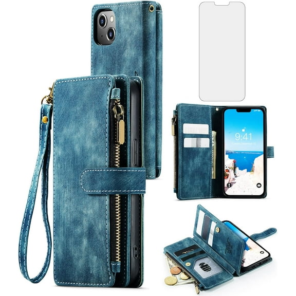 Asuwish Compatible with iPhone 15 6.1 inch Wallet Phone Case and Tempered Glass Screen Protector Faux Leather Flip Credit Card Holder Stand Zipper Slot Cell Cover for i Phone15 i15 15Case Women Blue