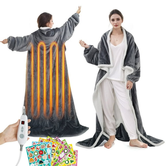 Ominelu Electric Heated Blanket - Wearable Heating Blanket Throw with Foot Pockets & Sleeves Flannel & Sherpa Wearable Blanket 6 Heating Levels & Timer Snuggle Blankets for Home/Office