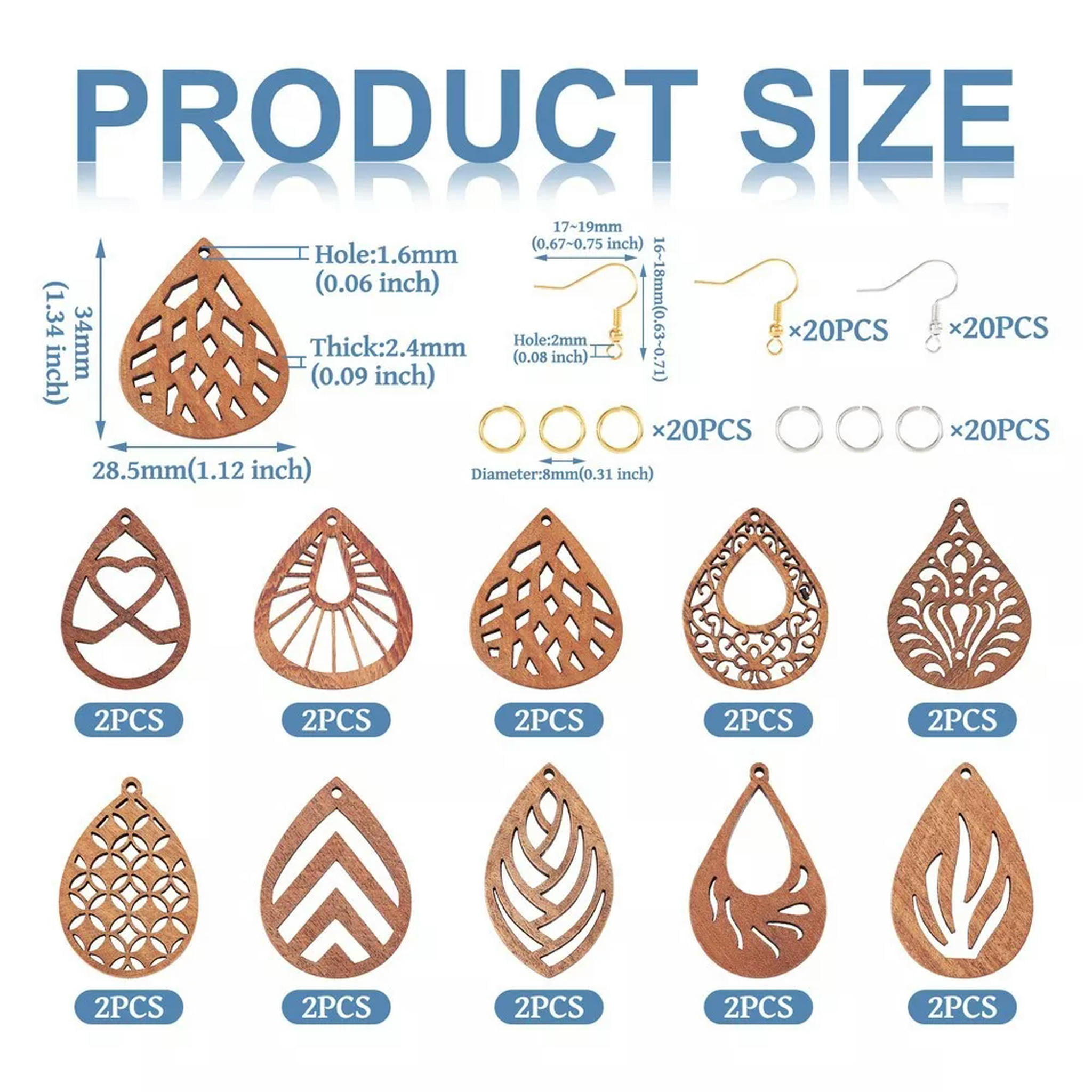 U8MO 10 Pairs Walnut Wood Laser Cut Pendants Teardrop DIY Jewelry Earring Making Kit