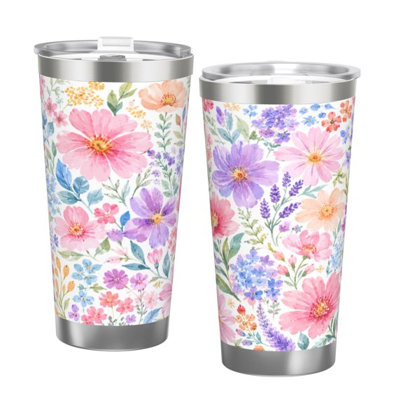20oz Watercolor Wildflower Car Tumbler Insulated Travel Cup with Handle and Straw Lid Floral Gift with Double Silver Rim
