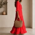 thumbnail image 5 of HVOBTTY Womens Maxi Dress Deep V Neck Ruffle 3/4 Sleeve red Solid Color Long Romantic, 5 of 5