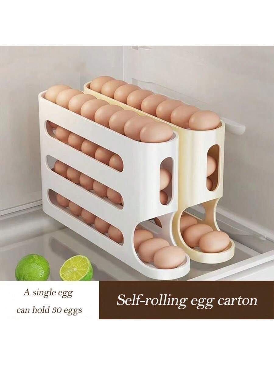 Space-Saving 4-Tier Refrigerator Egg Organizer with Smooth Rolling Wheels, Holds Up to 28 Eggs, Durable Plastic Kitchen Storage Rack for Easy Access and Freshness