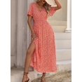 thumbnail image 4 of Orange Floral Print V-Neck Short Sleeve Maxi Dress For Women With Side Slit, 4 of 7