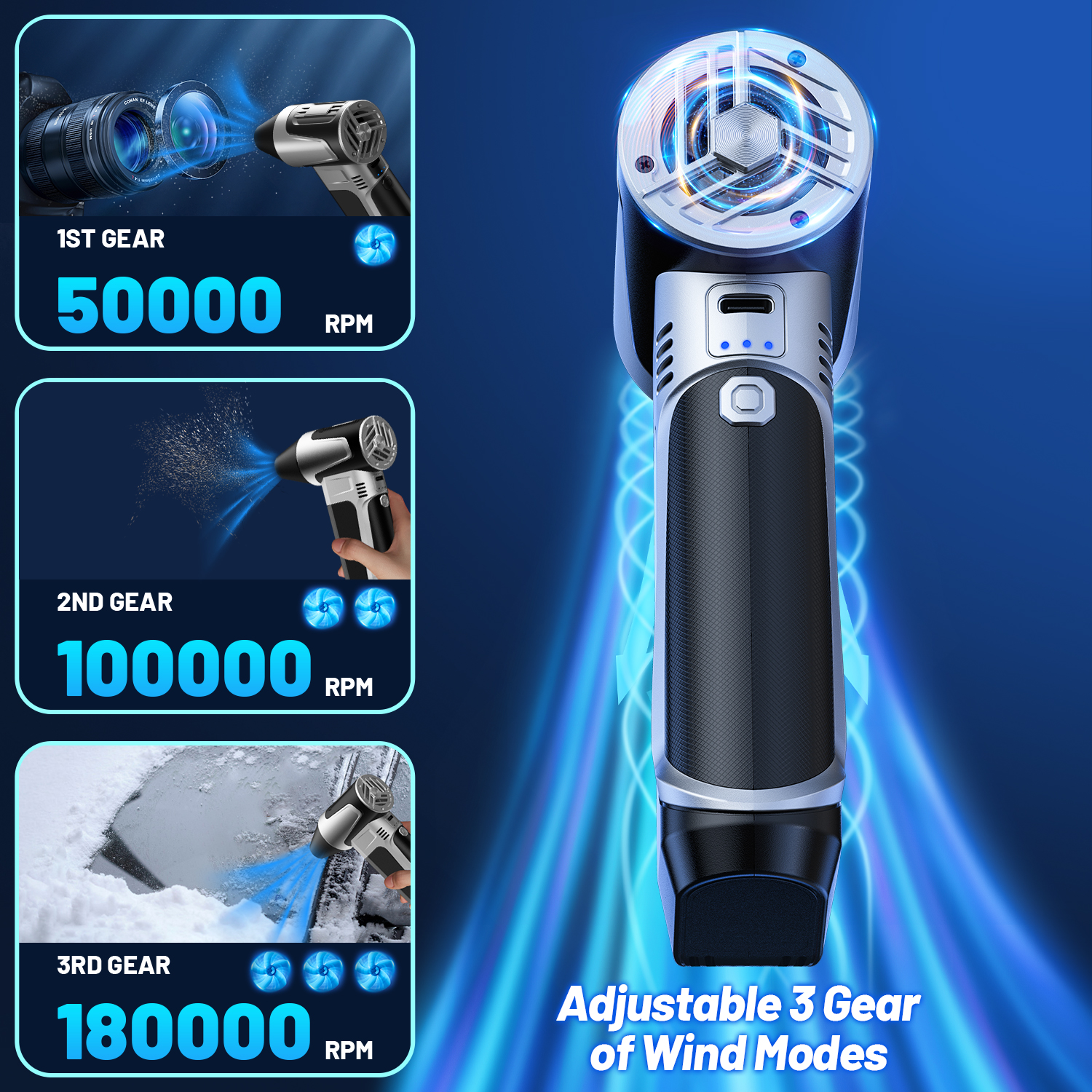 CAMPARK Electric Air Duster-180000RPM Super Power Cordless Air Duster, 3-Gear Adjustable Mini Blower with Fast Charging, Dust Blower for Computer, Keyboard, House, Outdoor and Car